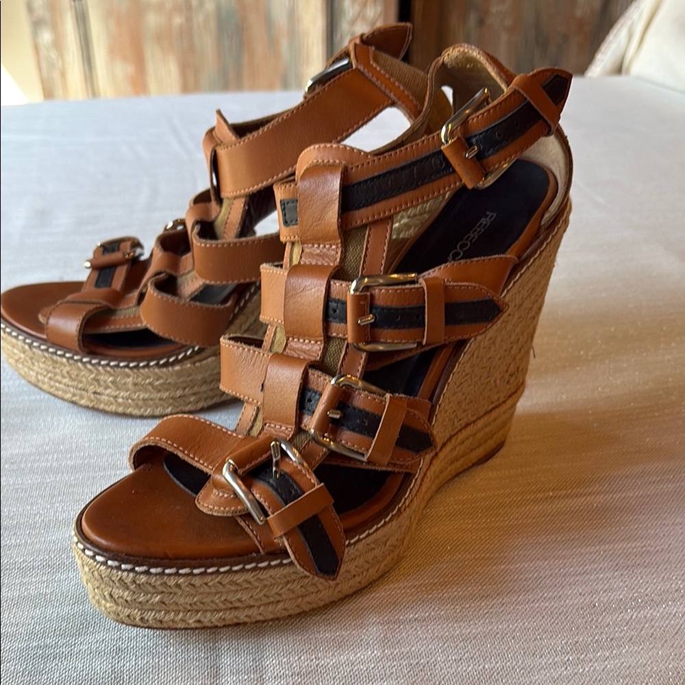 Rebecca Minkoff Women’s Carmel and Black  Leather Wedge Sandals with Buckles